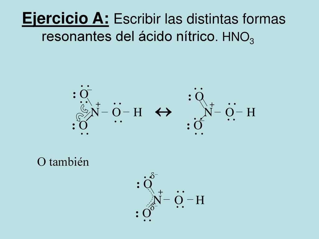 Ejercicio A: Escribir las distintas formas resonantes del ácido nítrico. HNO3