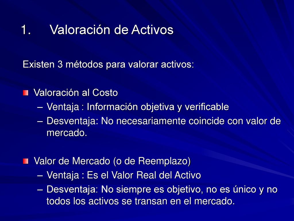 1. Valoración de Activos Existen 3 métodos para valorar activos: