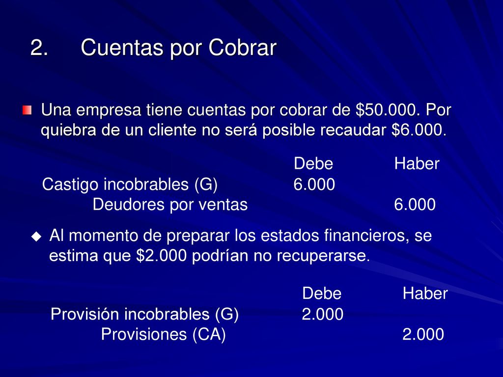 2. Cuentas por Cobrar Una empresa tiene cuentas por cobrar de $ Por quiebra de un cliente no será posible recaudar $