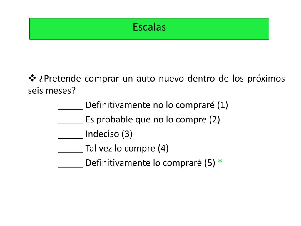 Escalas ¿Pretende comprar un auto nuevo dentro de los próximos seis meses _____ Definitivamente no lo compraré (1)