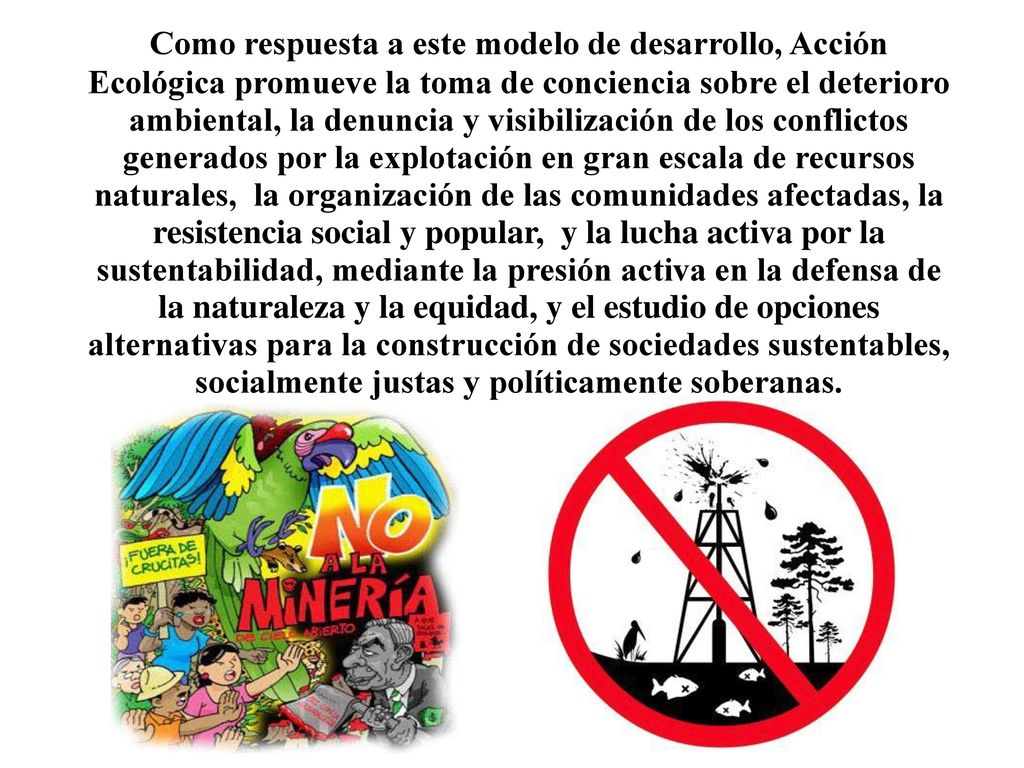 Como respuesta a este modelo de desarrollo, Acción Ecológica promueve la toma de conciencia sobre el deterioro ambiental, la denuncia y visibilización de los conflictos generados por la explotación en gran escala de recursos naturales, la organización de las comunidades afectadas, la resistencia social y popular, y la lucha activa por la sustentabilidad, mediante la presión activa en la defensa de la naturaleza y la equidad, y el estudio de opciones alternativas para la construcción de sociedades sustentables, socialmente justas y políticamente soberanas.