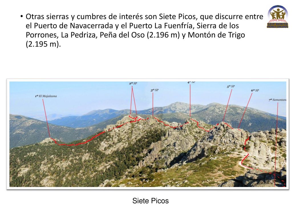 Otras sierras y cumbres de interés son Siete Picos, que discurre entre el Puerto de Navacerrada y el Puerto La Fuenfría, Sierra de los Porrones, La Pedriza, Peña del Oso (2.196 m) y Montón de Trigo (2.195 m).