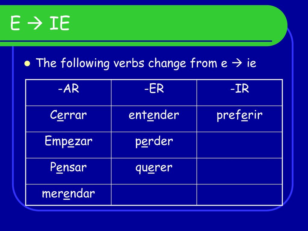 E  IE The following verbs change from e  ie -AR -ER -IR Cerrar