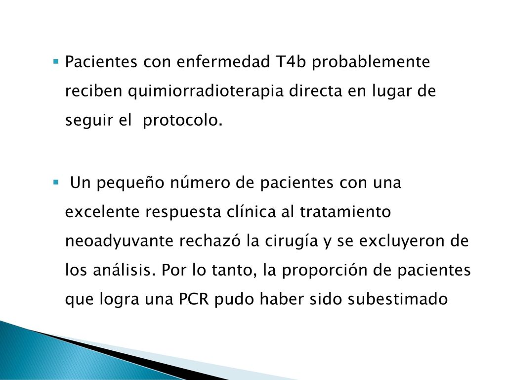 Pacientes con enfermedad T4b probablemente reciben quimiorradioterapia directa en lugar de seguir el protocolo.