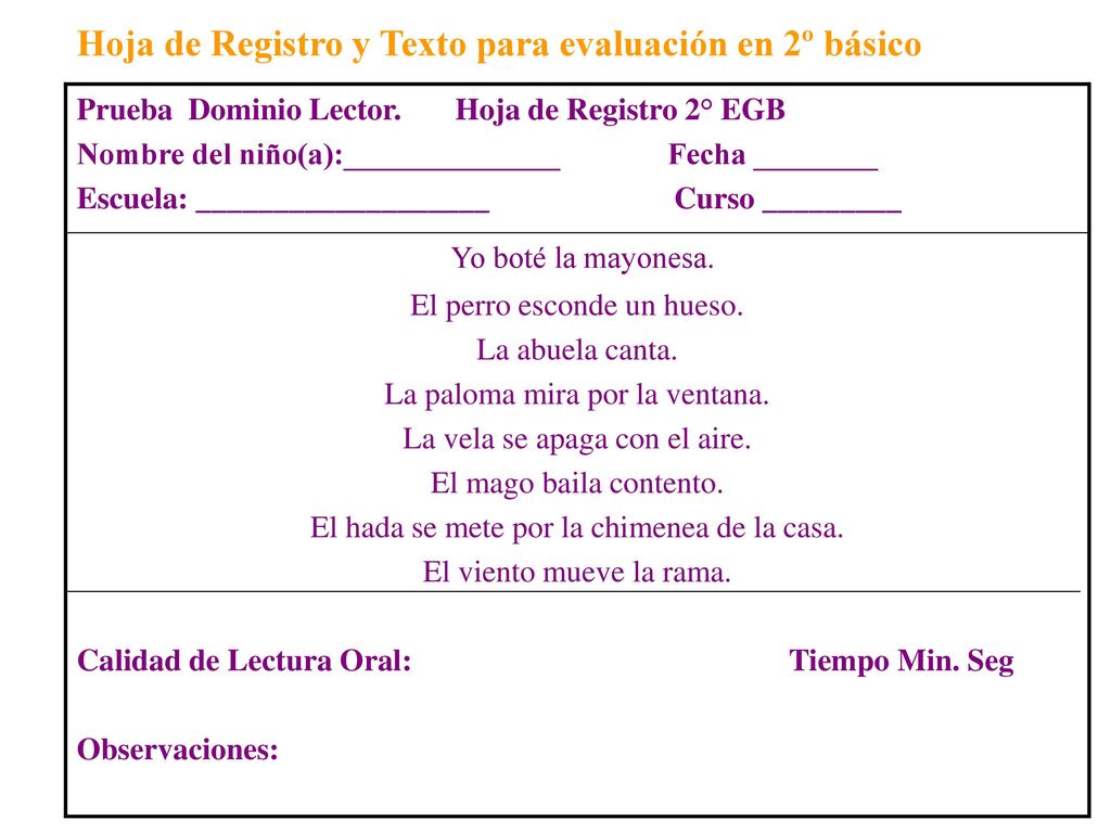 Hoja de Registro y Texto para evaluación en 2º básico