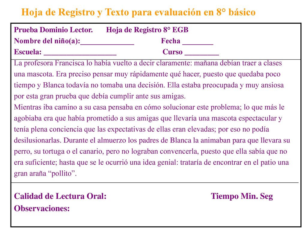 Hoja de Registro y Texto para evaluación en 8° básico