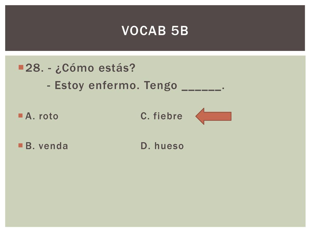 Vocab 5b ¿Cómo estás - Estoy enfermo. Tengo ______.