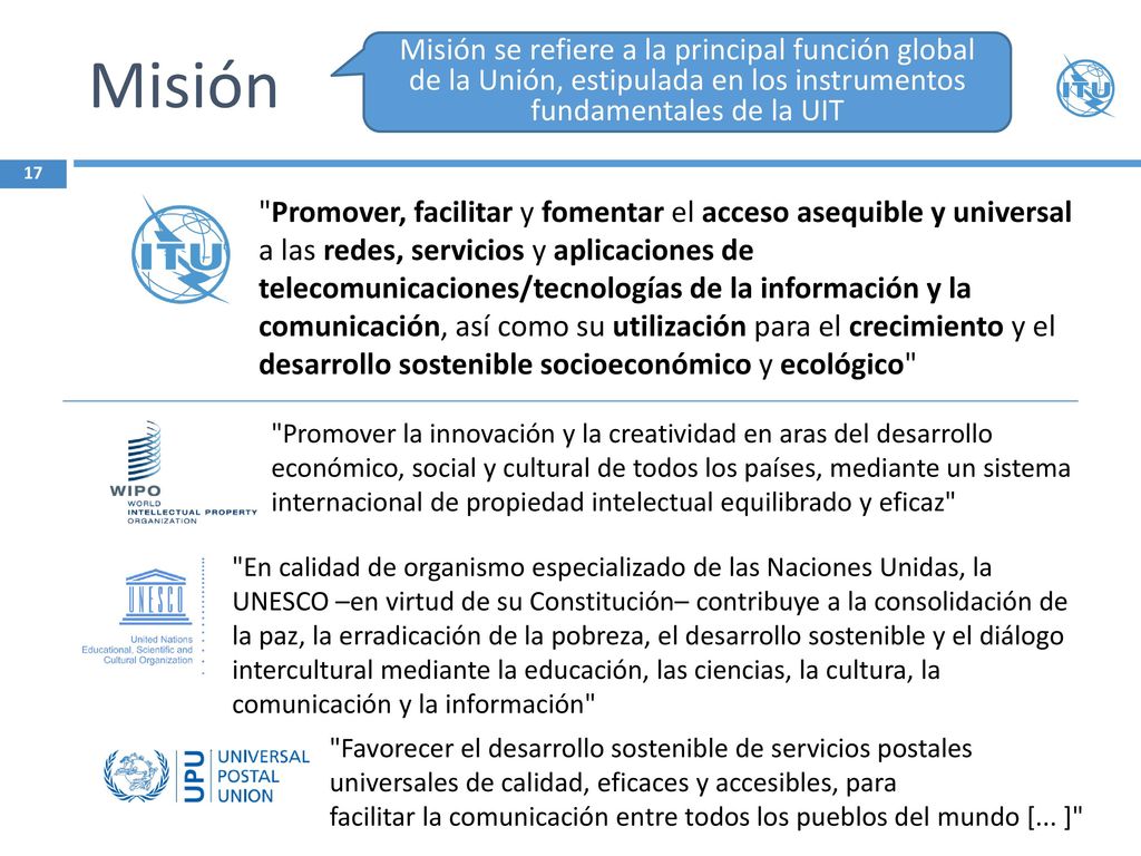 Misión Misión se refiere a la principal función global de la Unión, estipulada en los instrumentos fundamentales de la UIT.