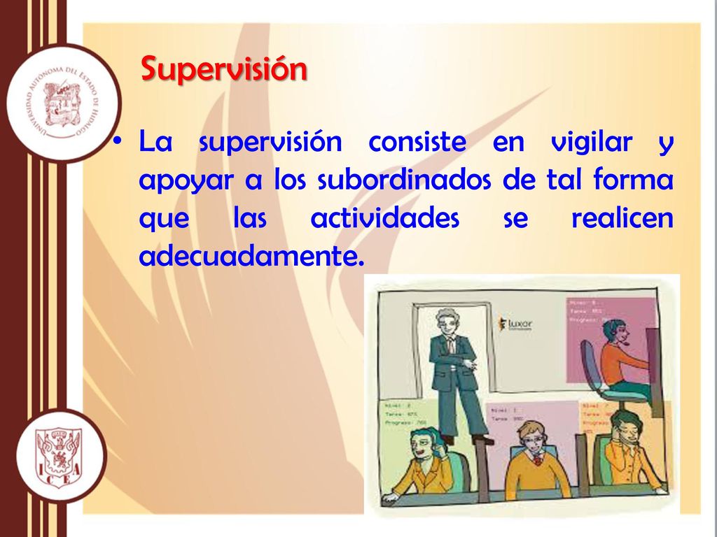 Supervisión La supervisión consiste en vigilar y apoyar a los subordinados de tal forma que las actividades se realicen adecuadamente.