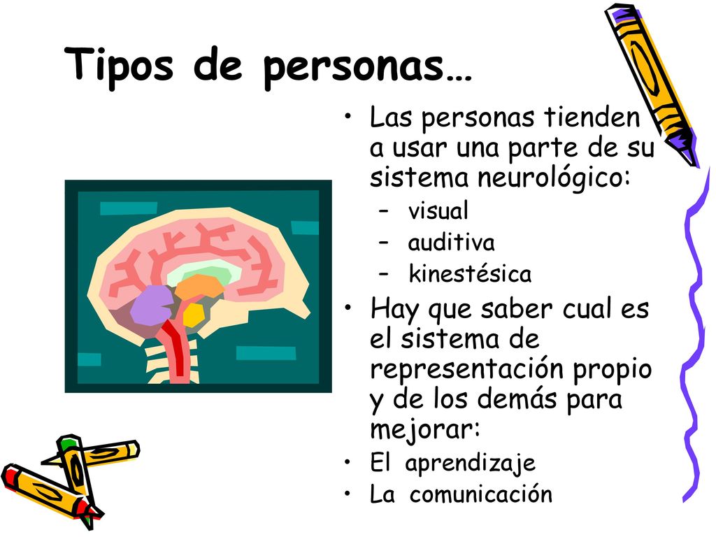 Tipos de personas… Las personas tienden a usar una parte de su sistema neurológico: visual. auditiva.
