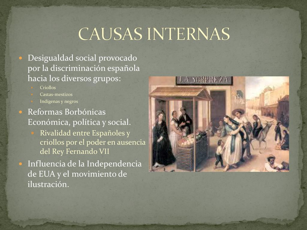 CAUSAS INTERNAS Desigualdad social provocado por la discriminación española hacia los diversos grupos:
