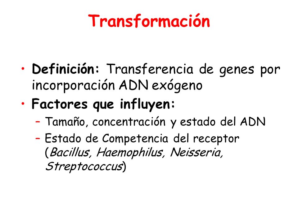 Transformación Definición: Transferencia de genes por incorporación ADN exógeno. Factores que influyen: