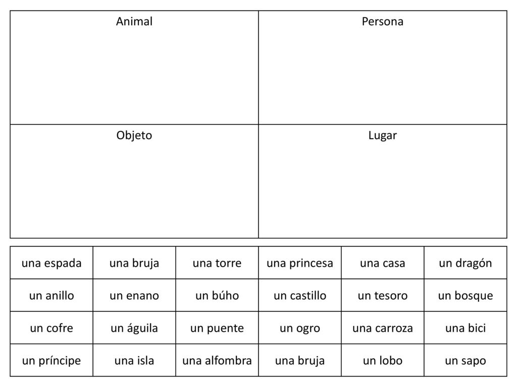 Animal Persona Objeto Lugar una espada una bruja una torre