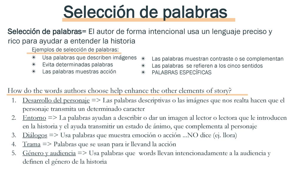 Selección de palabras Selección de palabras= El autor de forma intencional usa un lenguaje preciso y rico para ayudar a entender la historia.