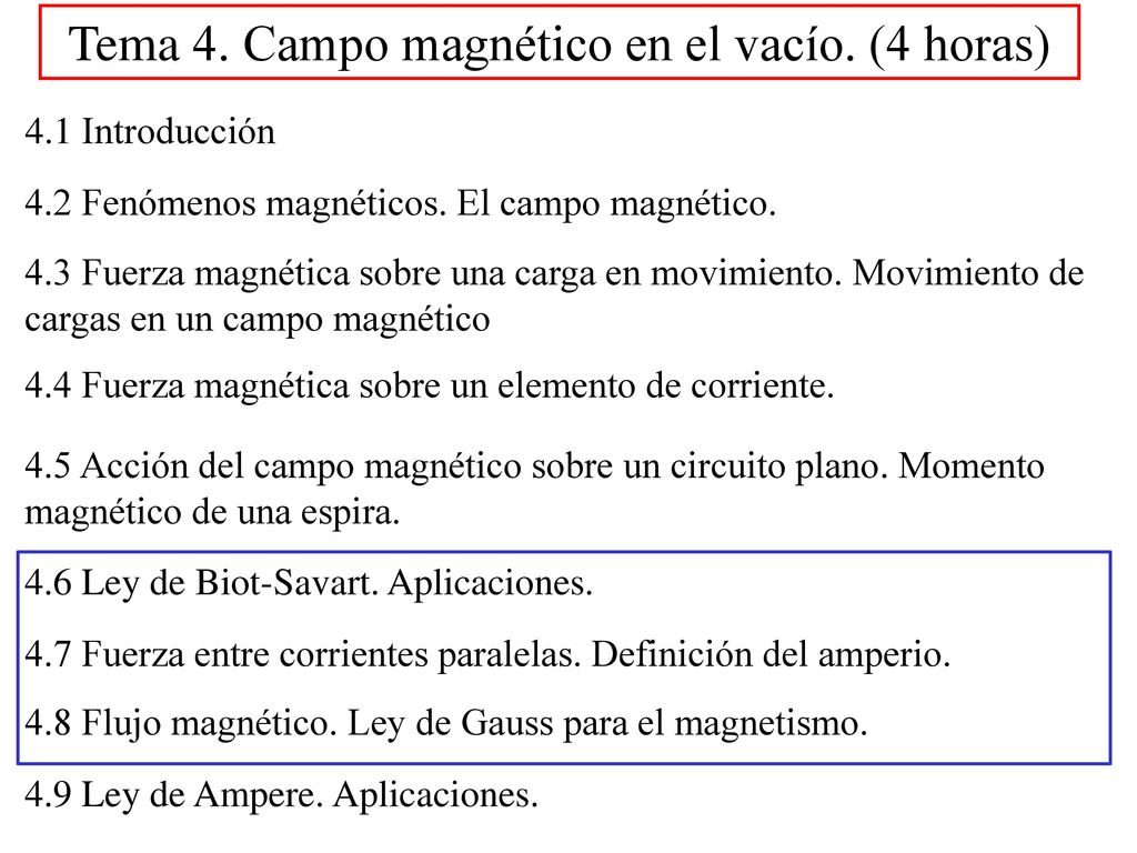 Tema 4. Campo magnético en el vacío. (4 horas)