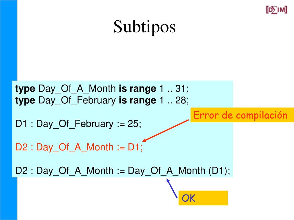 Subtipos type Day_Of_A_Month is range ;