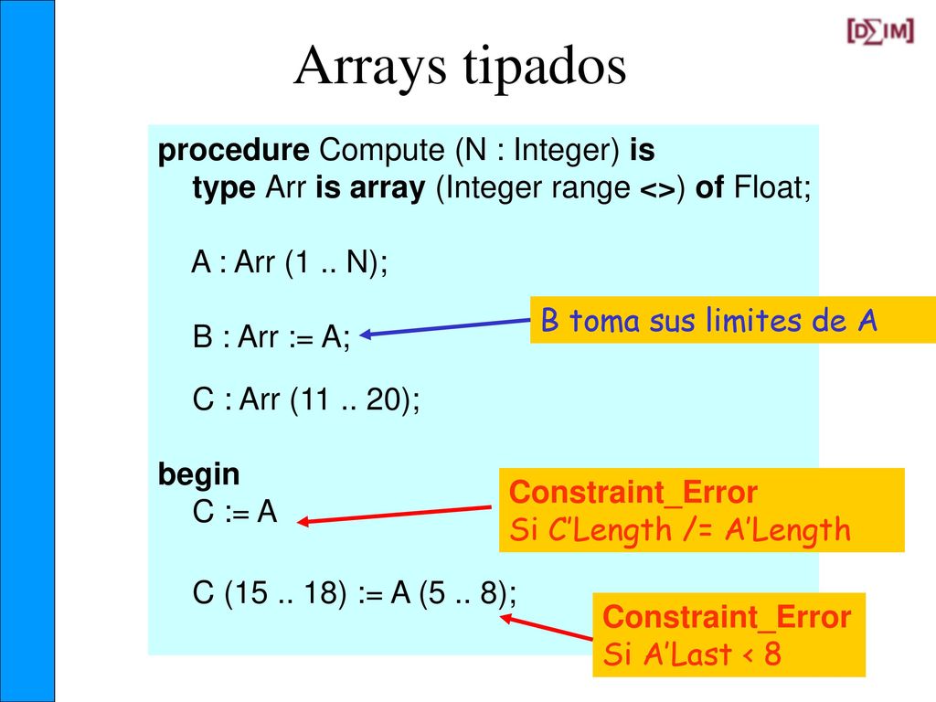 Arrays procedure Compute (N : Integer) is A : array (1 .. N) of Float;