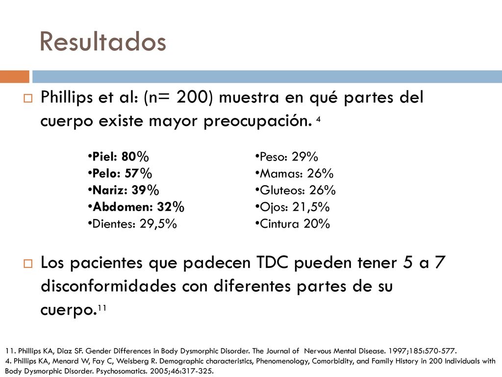 Resultados Phillips et al: (n= 200) muestra en qué partes del cuerpo existe mayor preocupación. 4.