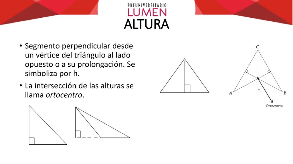 ALTURA Segmento perpendicular desde un vértice del triángulo al lado opuesto o a su prolongación. Se simboliza por h.