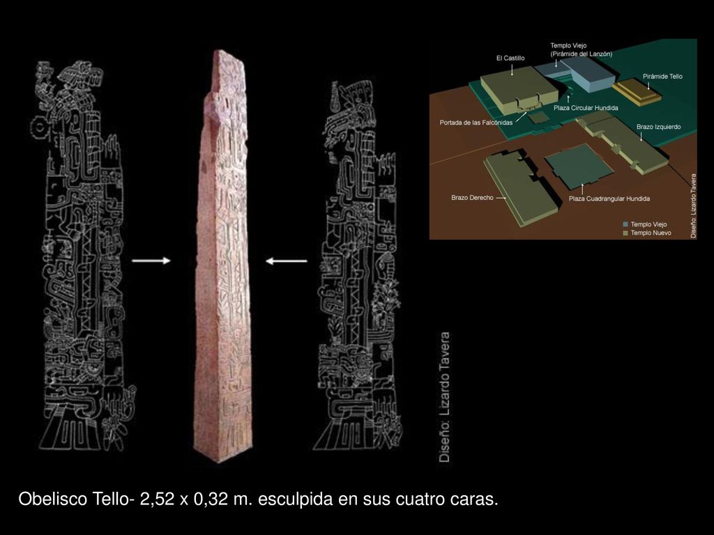 Obelisco Tello- 2,52 x 0,32 m. esculpida en sus cuatro caras.
