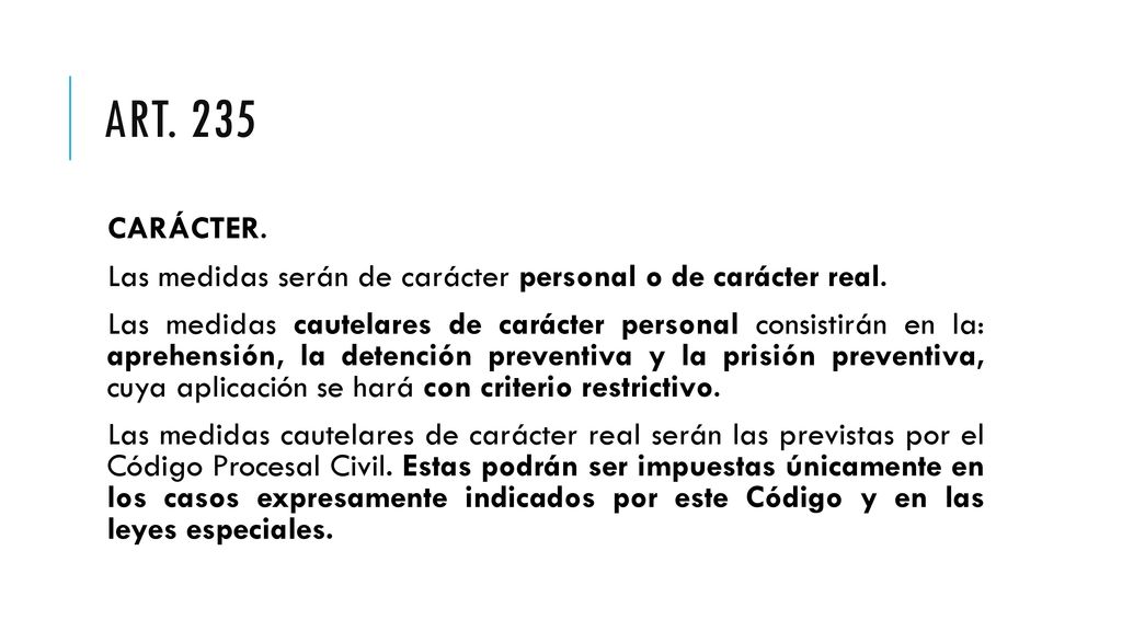Art. 235 CARÁCTER. Las medidas serán de carácter personal o de carácter real.