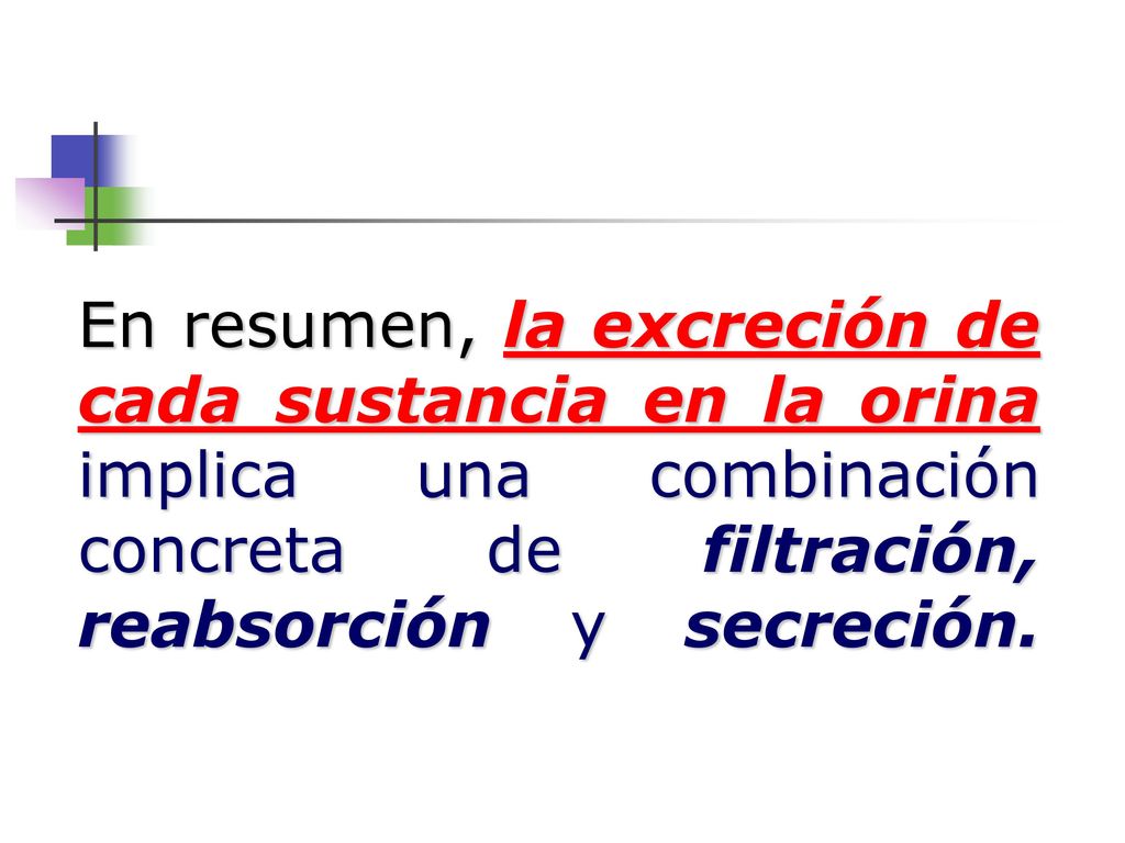 En resumen, la excreción de cada sustancia en la orina implica una combinación concreta de filtración, reabsorción y secreción.