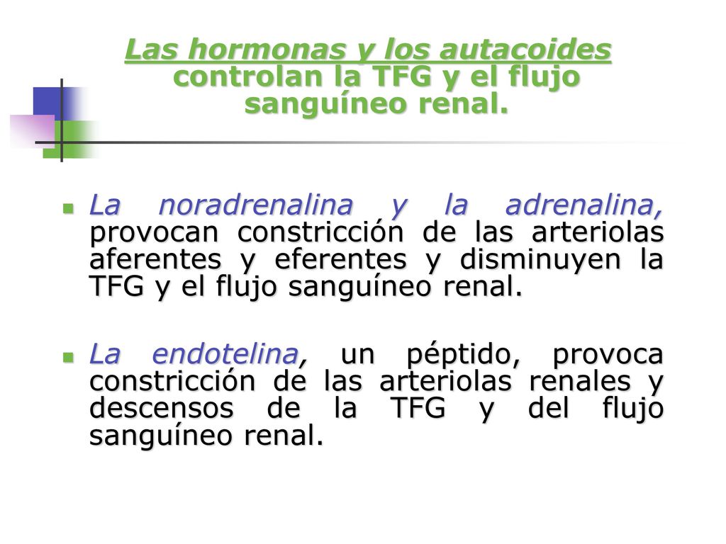 Las hormonas y los autacoides controlan la TFG y el flujo sanguíneo renal.