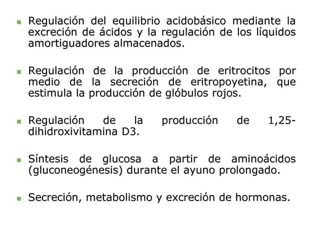 Regulación del equilibrio acidobásico mediante la excreción de ácidos y la regulación de los líquidos amortiguadores almacenados.