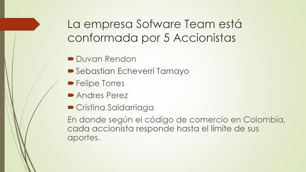 La empresa Sofware Team está conformada por 5 Accionistas