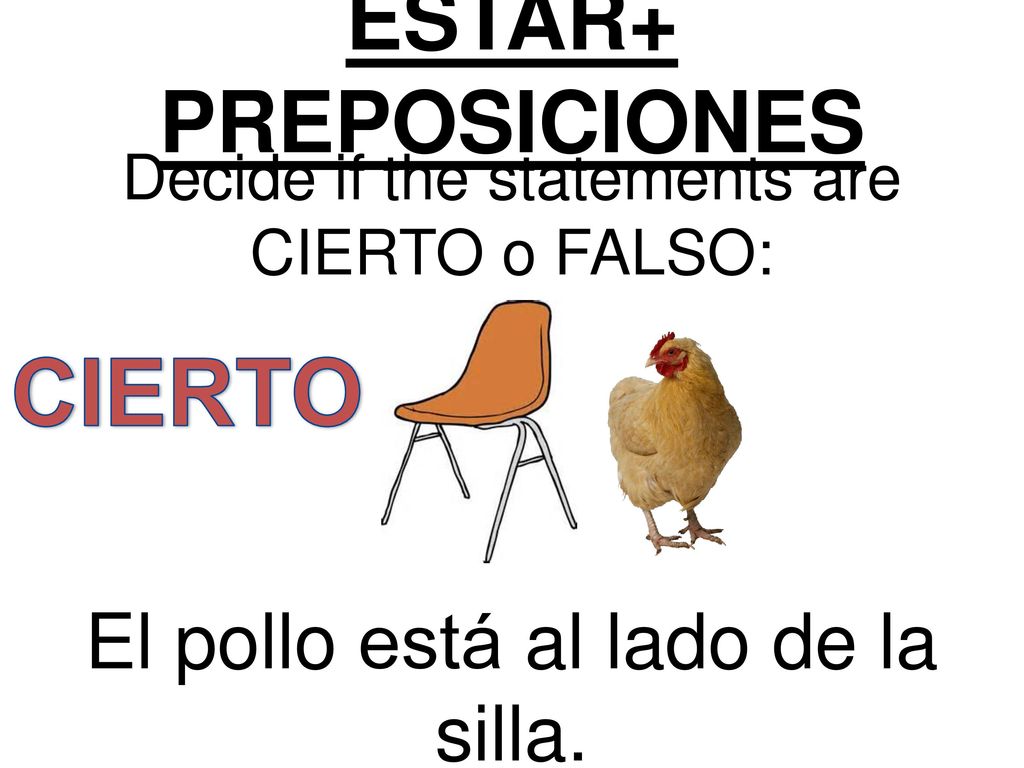 CIERTO ESTAR+ PREPOSICIONES El pollo está al lado de la silla.