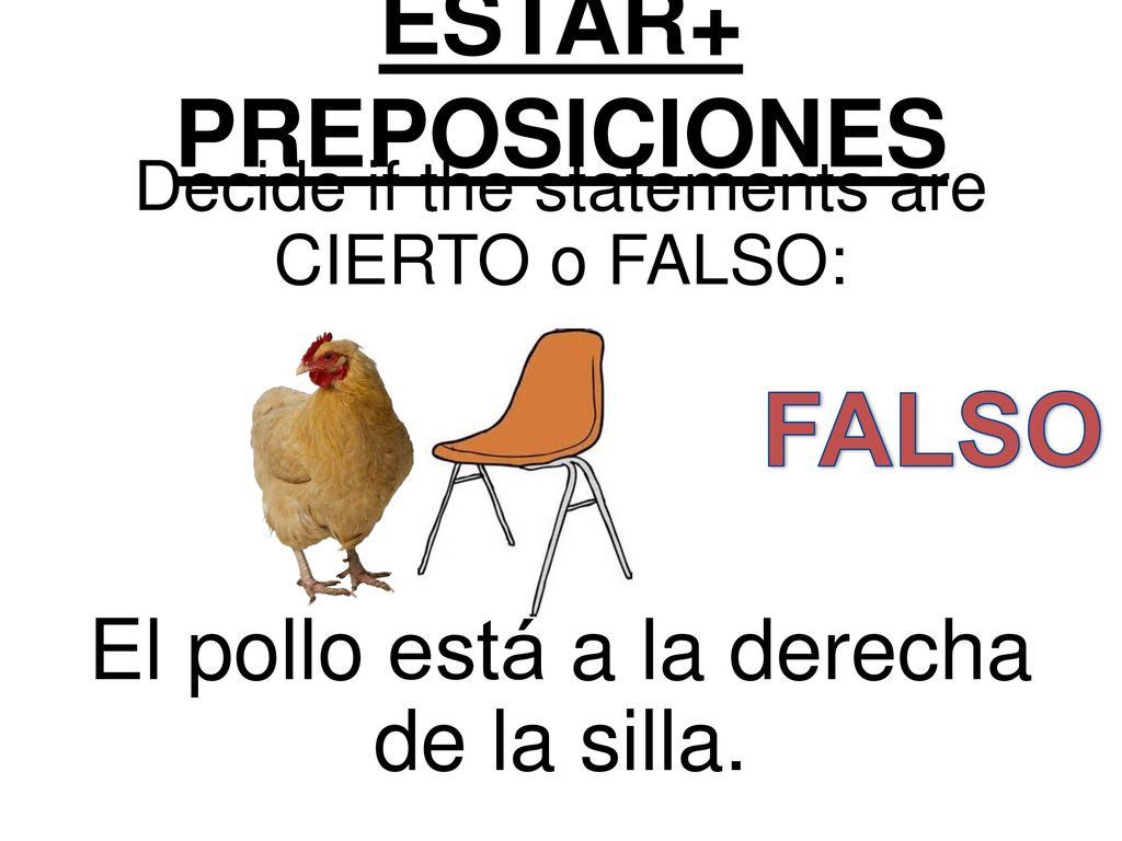 FALSO ESTAR+ PREPOSICIONES El pollo está a la derecha de la silla.
