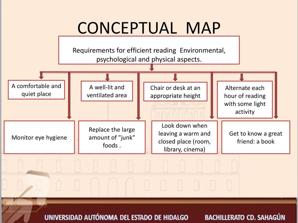CONCEPTUAL MAP Requirements for efficient reading Environmental, psychological and physical aspects.