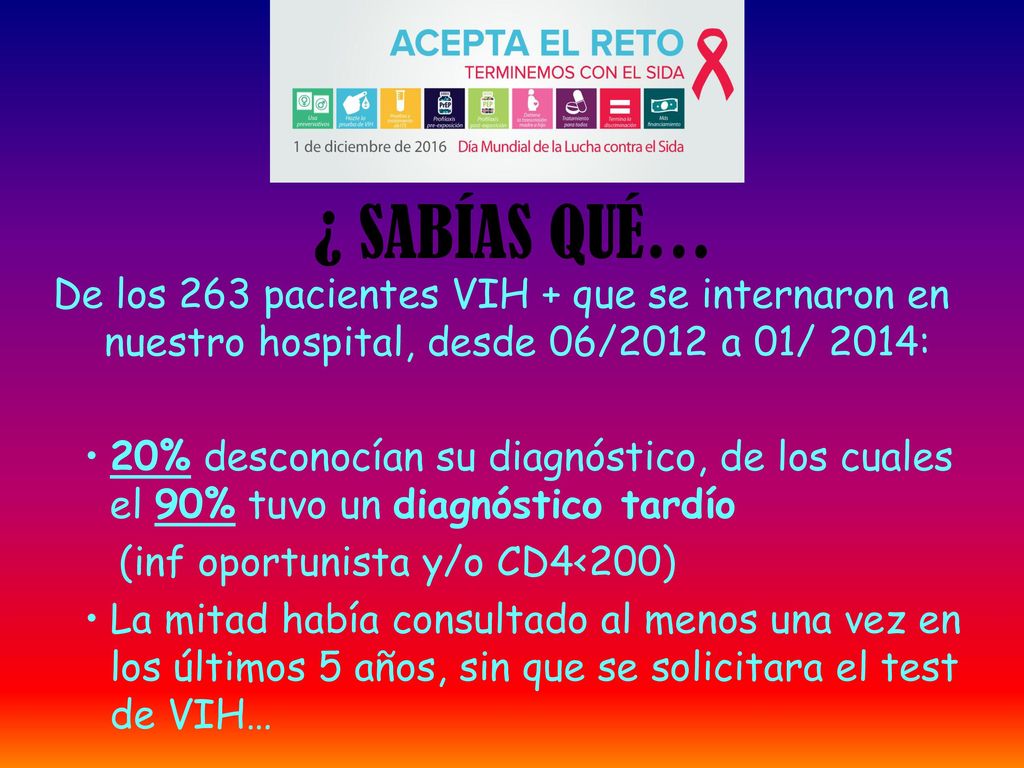 ¿ SABÍAS QUÉ… De los 263 pacientes VIH + que se internaron en nuestro hospital, desde 06/2012 a 01/ 2014: