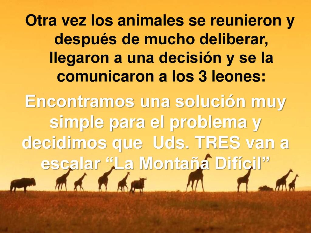 Otra vez los animales se reunieron y después de mucho deliberar, llegaron a una decisión y se la comunicaron a los 3 leones: