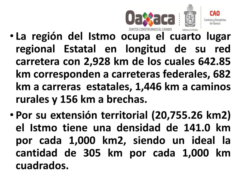 La región del Istmo ocupa el cuarto lugar regional Estatal en longitud de su red carretera con 2,928 km de los cuales km corresponden a carreteras federales, 682 km a carreras estatales, 1,446 km a caminos rurales y 156 km a brechas.