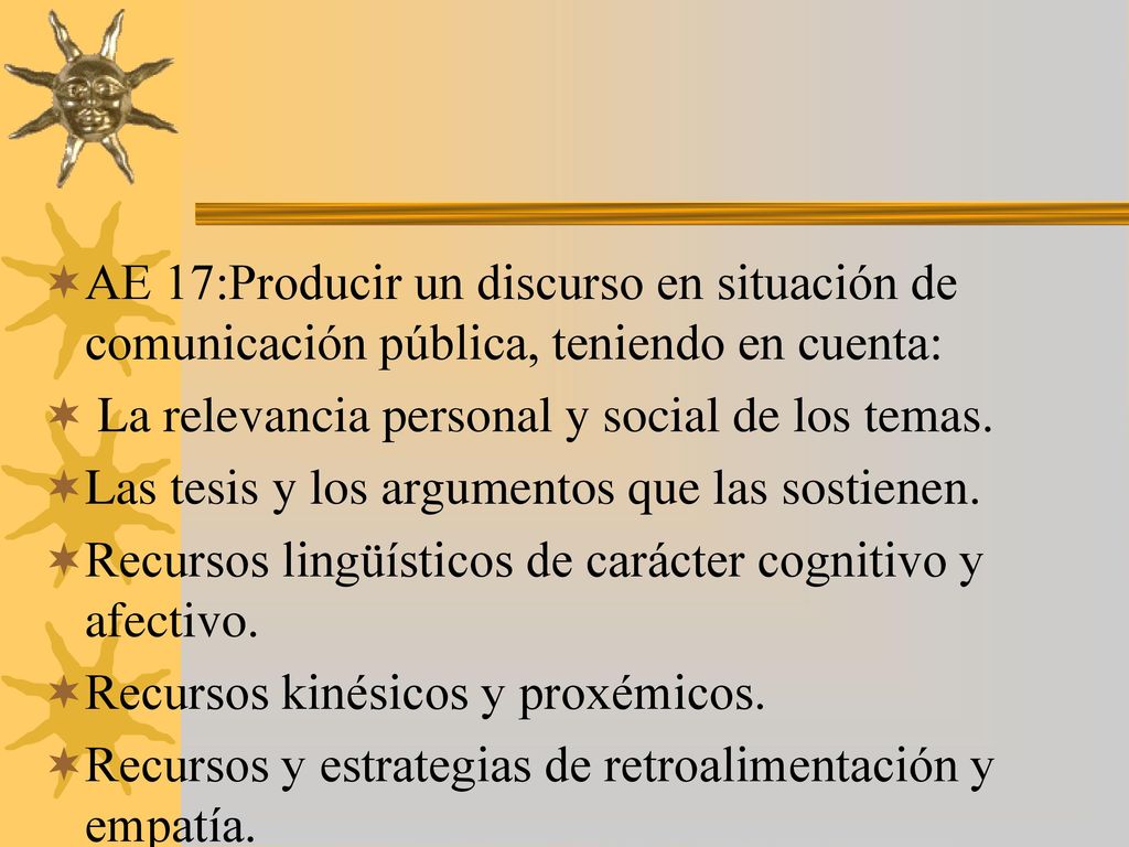 AE 17:Producir un discurso en situación de comunicación pública, teniendo en cuenta: