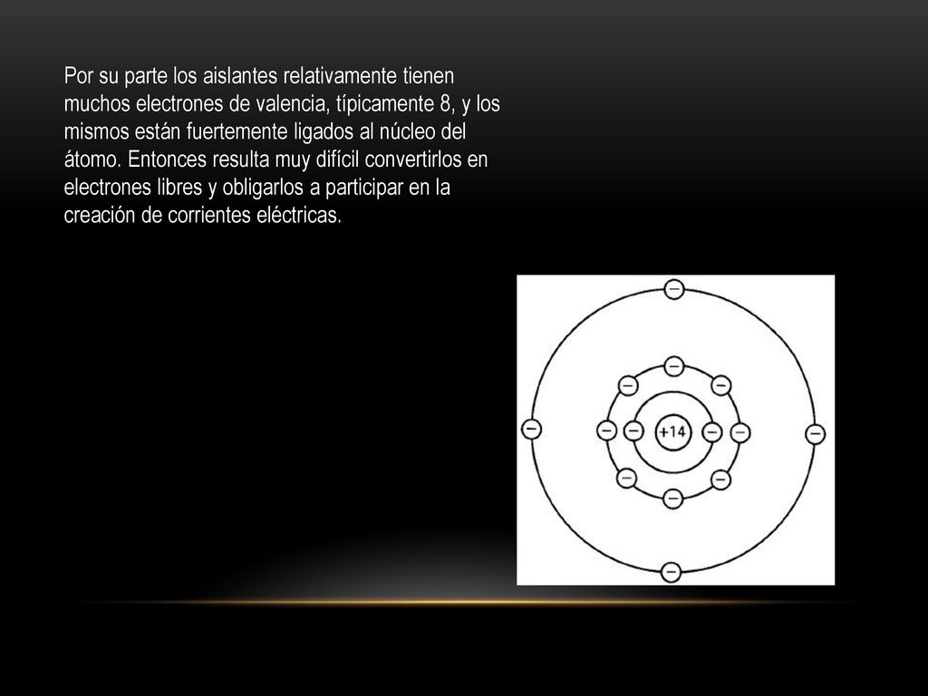 Por su parte los aislantes relativamente tienen muchos electrones de valencia, típicamente 8, y los mismos están fuertemente ligados al núcleo del átomo.