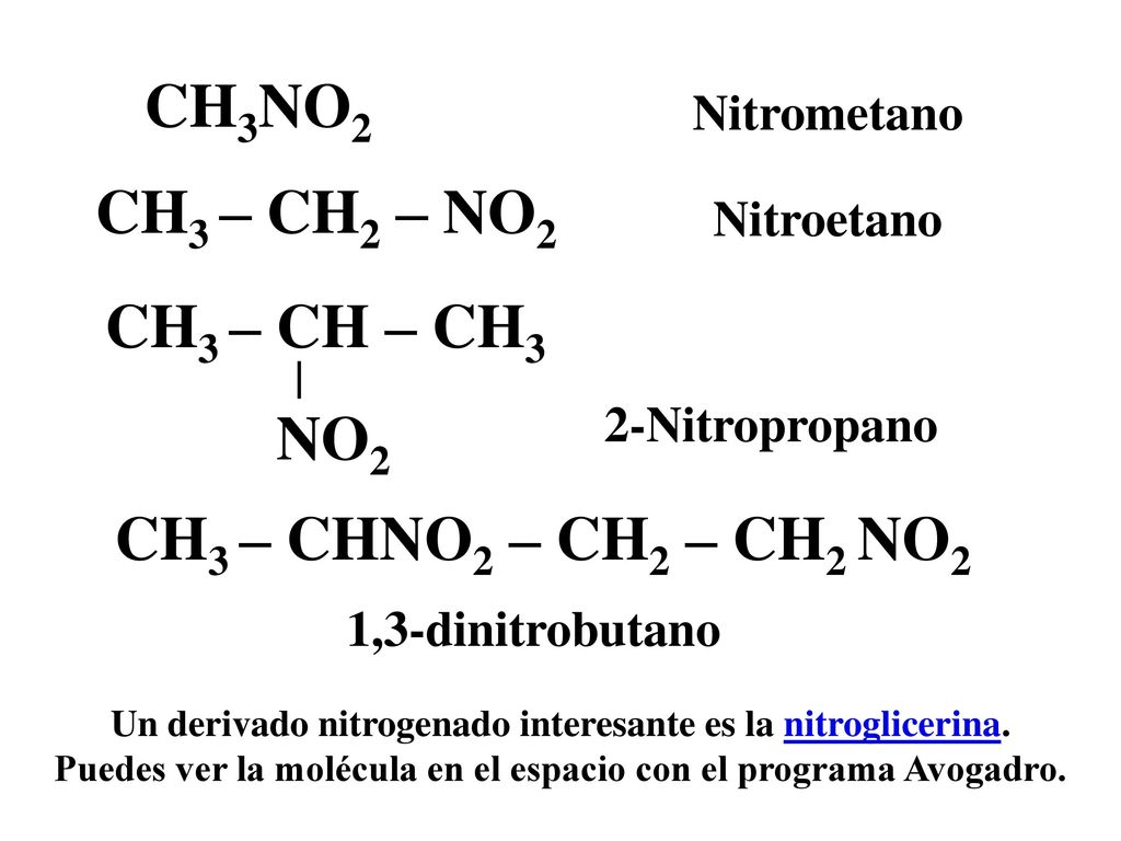 CH3NO2 CH3 – CH2 – NO2 CH3 – CH – CH3 NO2 CH3 – CHNO2 – CH2 – CH2 NO2