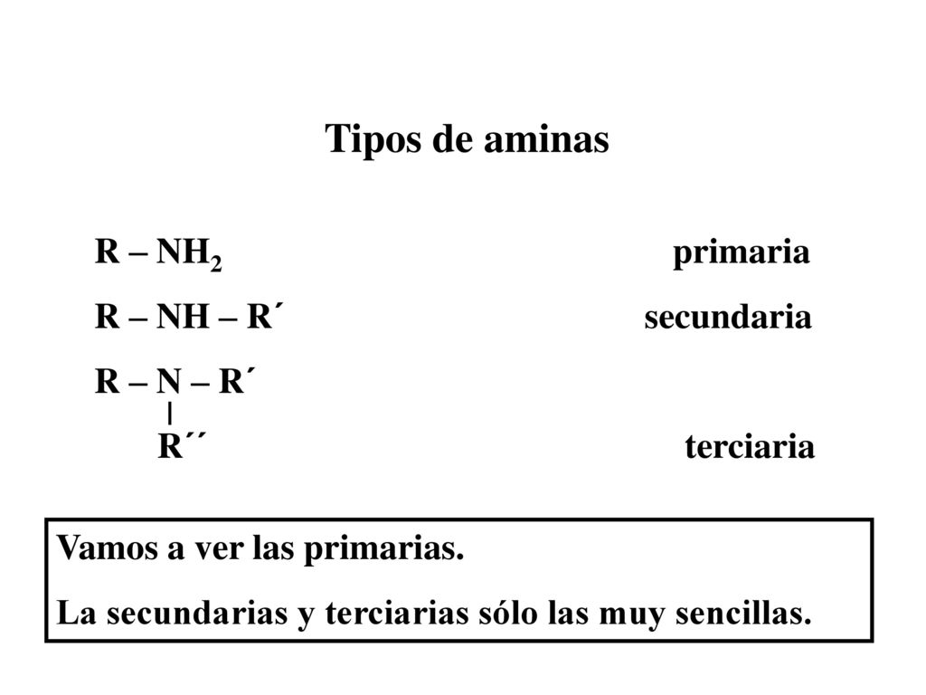 Tipos de aminas R – NH2 primaria R – NH – R´ secundaria R – N – R´