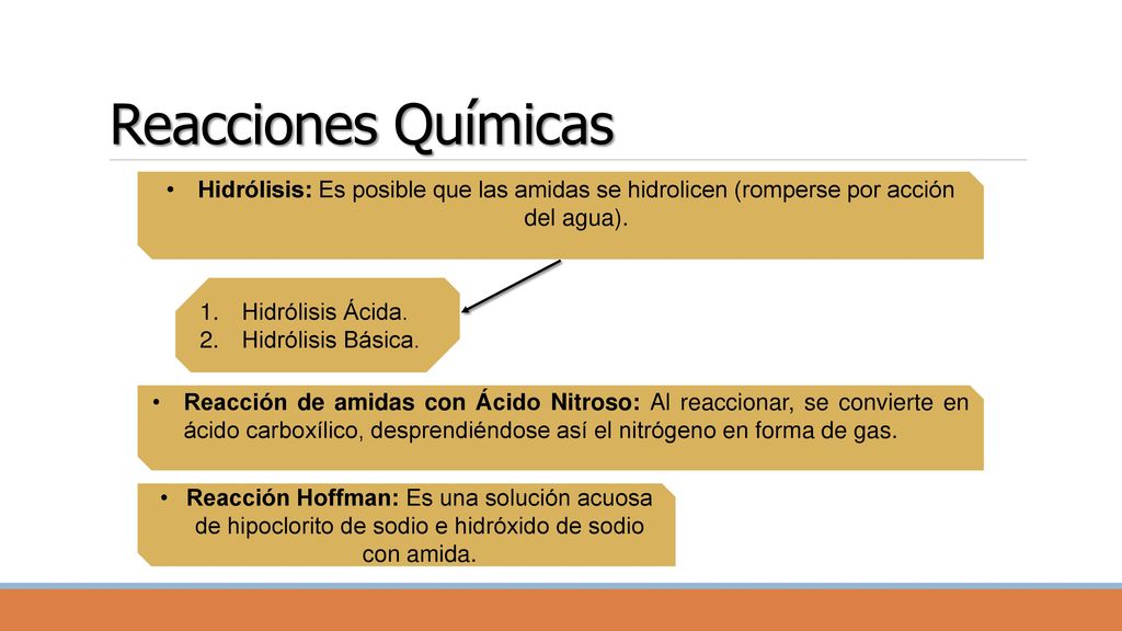 Reacciones Químicas Hidrólisis: Es posible que las amidas se hidrolicen (romperse por acción del agua).