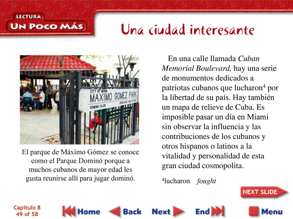 En una calle llamada Cuban Memorial Boulevard, hay una serie de monumentos dedicados a patriotas cubanos que lucharon4 por la libertad de su país. Hay también un mapa de relieve de Cuba. Es imposible pasar un día en Miami sin observar la influencia y las contribuciones de los cubanos y otros hispanos o latinos a la vitalidad y personalidad de esta gran ciudad cosmopolita.