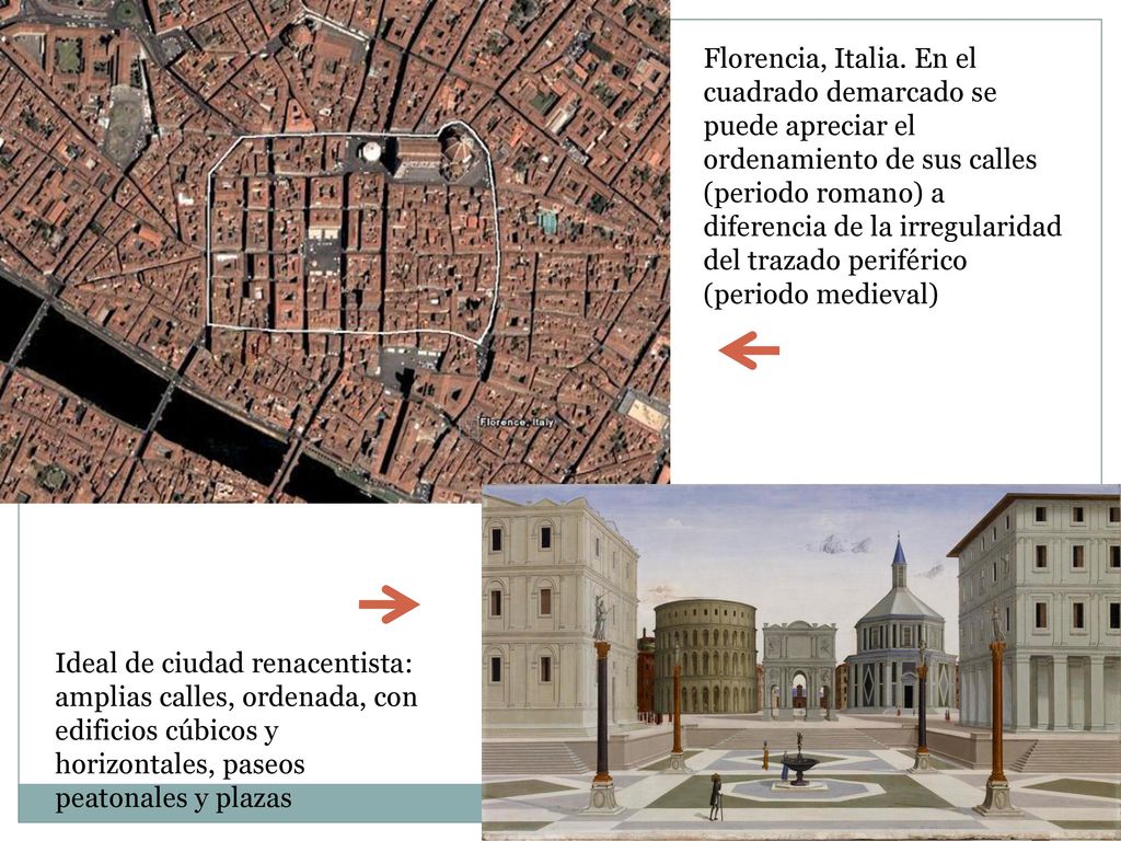 Florencia, Italia. En el cuadrado demarcado se puede apreciar el ordenamiento de sus calles (periodo romano) a diferencia de la irregularidad del trazado periférico (periodo medieval)