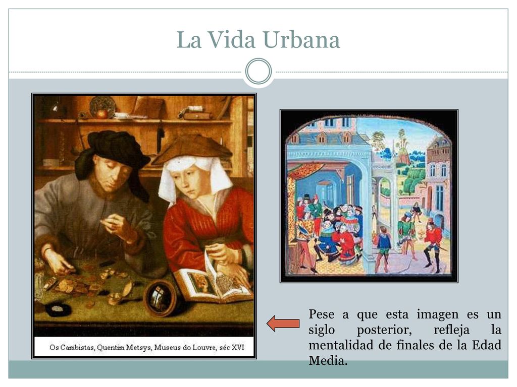 La Vida Urbana Pese a que esta imagen es un siglo posterior, refleja la mentalidad de finales de la Edad Media.