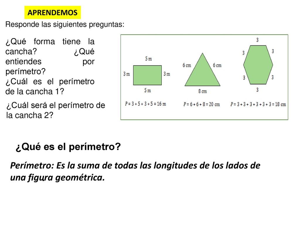 APRENDEMOS Responde las siguientes preguntas: ¿Qué forma tiene la cancha ¿Qué entiendes por perímetro
