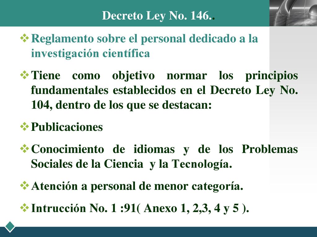 Decreto Ley No Reglamento sobre el personal dedicado a la investigación científica.