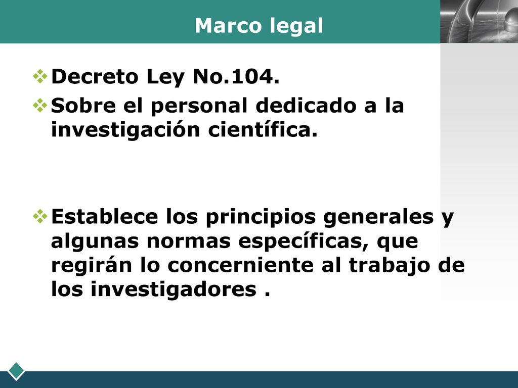 Marco legal Decreto Ley No.104. Sobre el personal dedicado a la investigación científica.