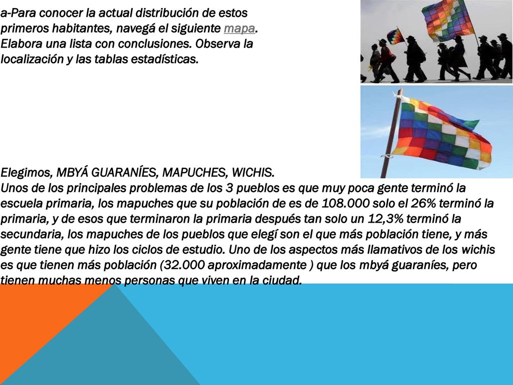 a-Para conocer la actual distribución de estos primeros habitantes, navegá el siguiente mapa. Elabora una lista con conclusiones. Observa la localización y las tablas estadísticas.