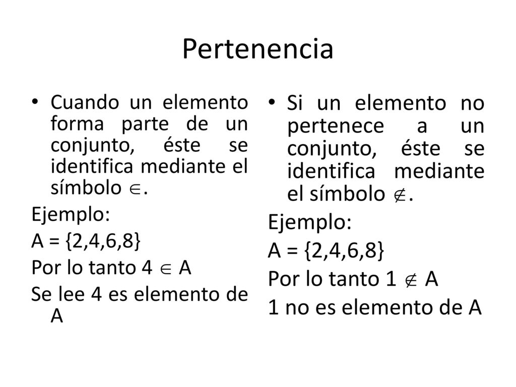 Pertenencia Cuando un elemento forma parte de un conjunto, éste se identifica mediante el símbolo .