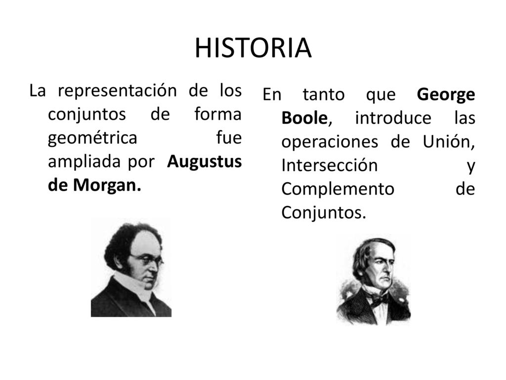 HISTORIA La representación de los conjuntos de forma geométrica fue ampliada por Augustus de Morgan.