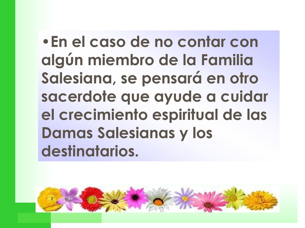 En el caso de no contar con algún miembro de la Familia Salesiana, se pensará en otro sacerdote que ayude a cuidar el crecimiento espiritual de las Damas Salesianas y los destinatarios.